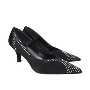 J. Renee Pumps Size 7 Black Satin Rhinestone Slip On Heels Party Cocktail